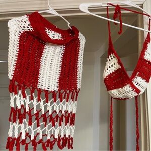 Red and White Crochet Top and Skirt Set